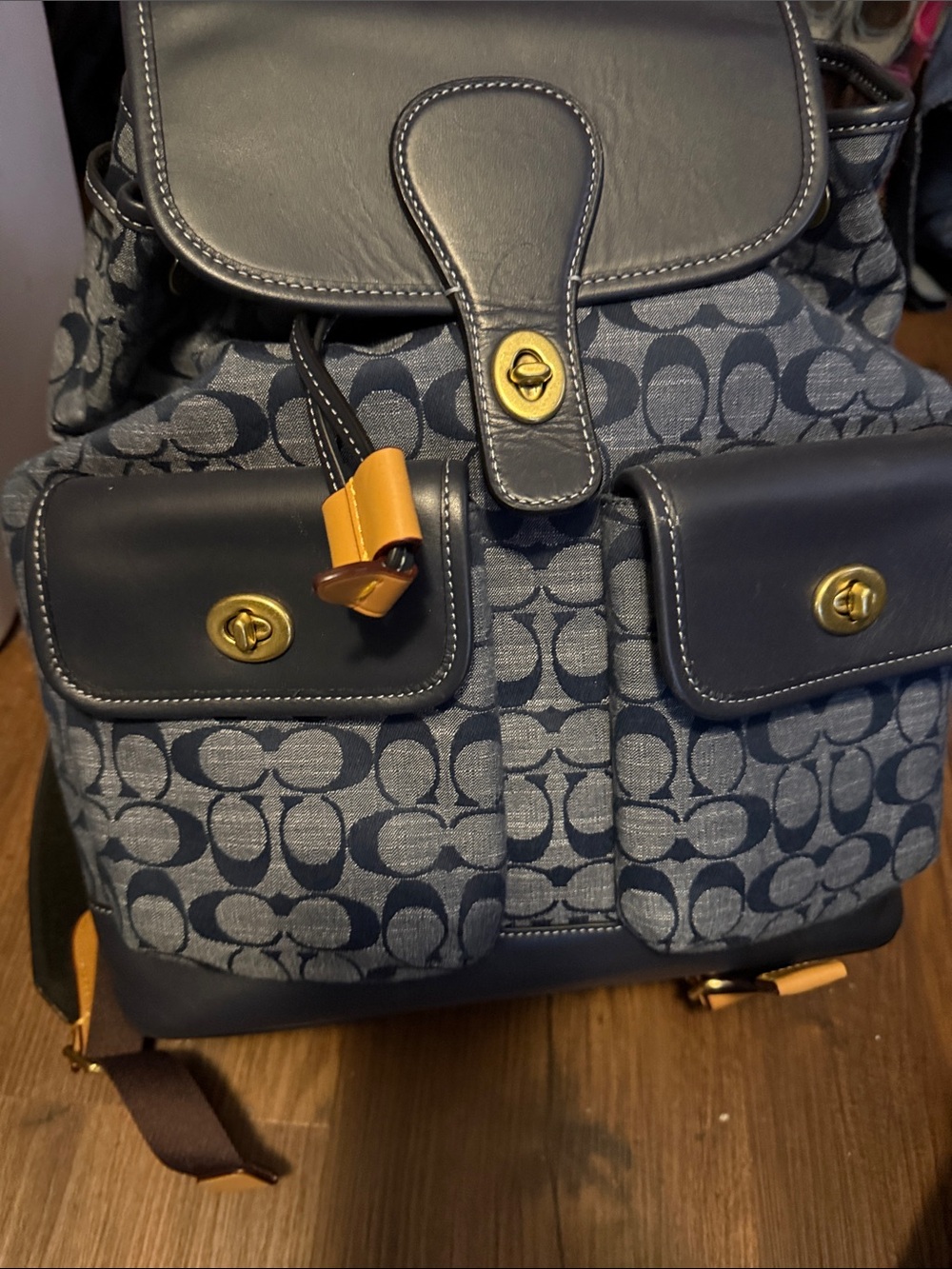 Coach Navy Logo Canvas Backpack with Leather Trim and Gold Hardware